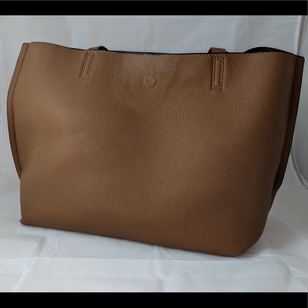 Tan and Cranberry Reversible JustFab Tote